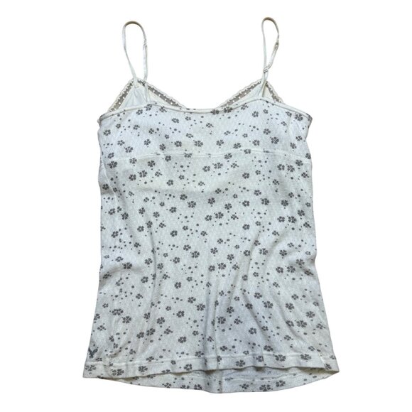 Y2K American Eagle Cream Pointelle Floral Lace Trim Cami Top Small - Picture 2 of 5